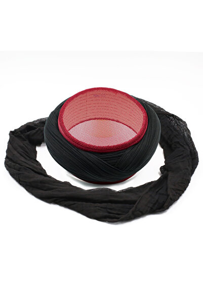 Sarıkhane Mesh Sarık - Black Fabric - Burgundy Skullcap - Crossed Wrap - Mesh...