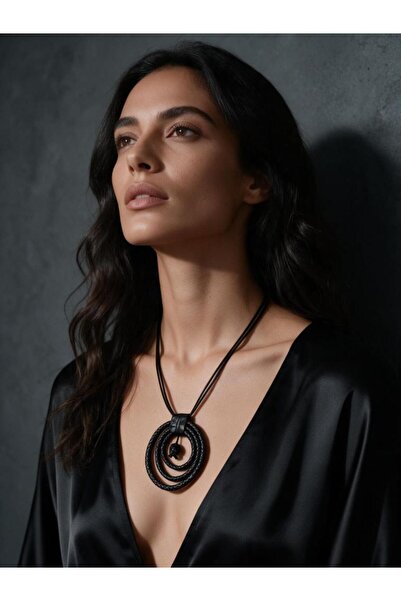 Genel Markalar Üçlü Siyah Halka Tasarım Örgü Deri Kadın Kolye - Modern Boho U...