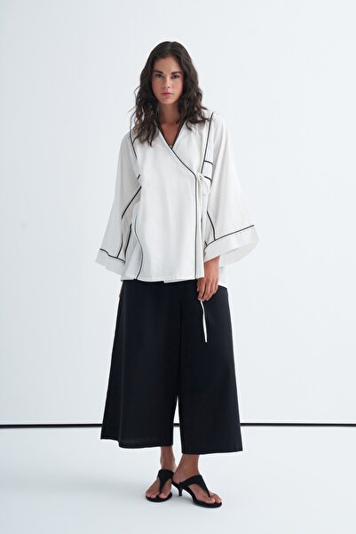 EBU Prive Women's Contrast Kimono Pants Set Ecru