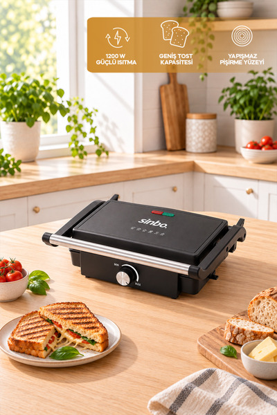 Sinbo SSM-9708 Izgara ve Tost Makinesi 1200W, 180 Derece Açılabilir, Ayarlana...