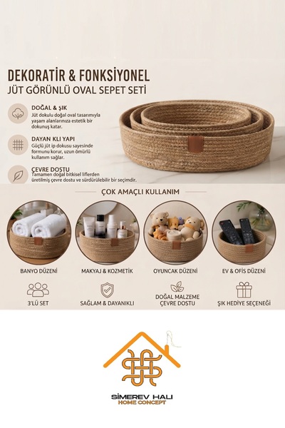 SİMEREV HALI HOME CONSEPT 3 Lü Sepet El Dokuma Sunum Organizer Oval Jüt Hasır...