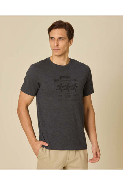 REDTAG Men Charcoal Printed T-Shirt