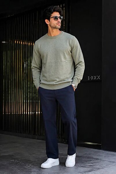 DAMGA JEANS سترة تريكو رجالية سميكة يومية أساسية باللون الكاكي