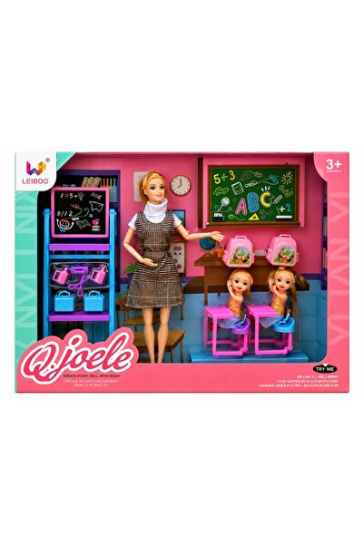 LEIBOO Set de joacă școlar, cu păpușă profesor, 2 elevi, bănci, tablă, rucsac...