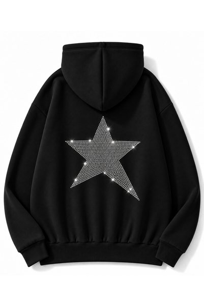 vipelmoda Women's Comet Back Stone Print Detailed Oversize Hooded Sweatshirt with Pockets