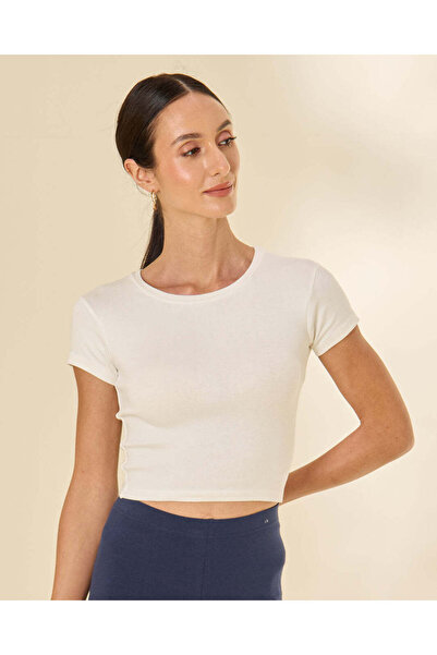 REDTAG Women White Plain Ribbed Crew Neck T-Shirt