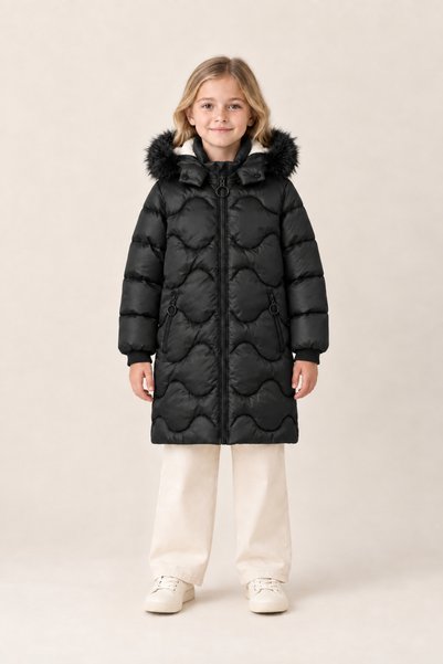 EA LİNE Girl's Hooded Furry Long Quilted Winter Puffer Coat - Black