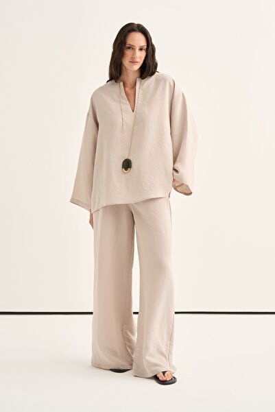 EBU Prive Women's Modal Loose-Fit Trouser Suit Striped Beige