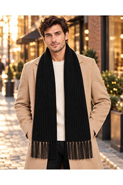Wearflawless Ανδρικό πλεκτό μαύρο κασκόλ Σελανίκης, χειμερινό κασκόλ με μαλακ...