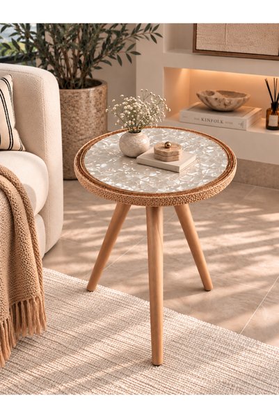 toprakhome İnci Sehpa, Rattan Kenar Hasır Örgü Sedefli Yan Sehpa Model:1