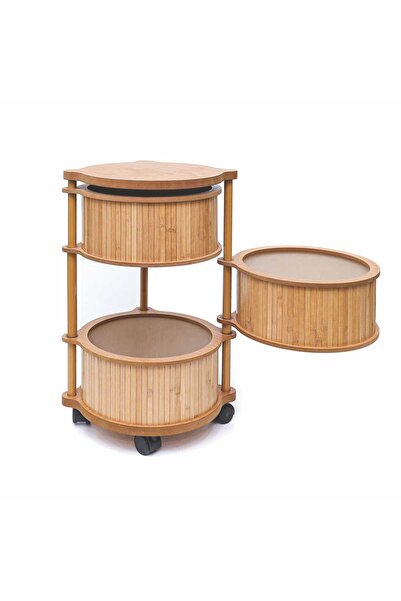 MİHMAN HOME Bambu 3 Katlı Tekerlekli Çok Amaçlı Ahşap Patates Soğan Sepeti