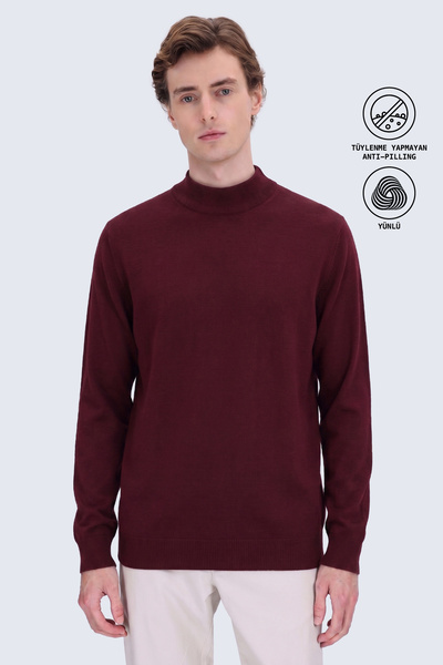 Hatemoğlu Burgundy Regular Fit Half Turtleneck Wool Sweater