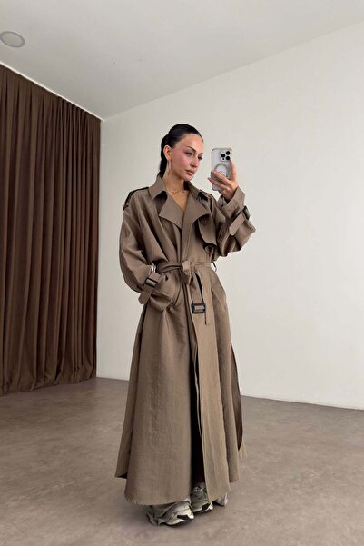 Büşra Doğramacı Premium Oversize Dökümlü Uzun Khaki Trençkot