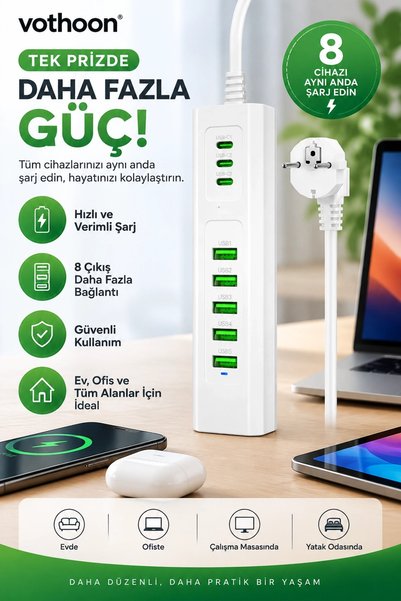 Epilons 8 Portlu Çoklu Usb Şarj İstasyonu 5 Usb + 3 Type-c Masaüstü Çoklu Şarj Cihazı