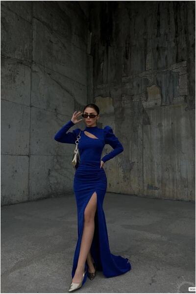 Şeker Portakalım Flexible Glittery Evening Dress Fabric Dress with Degaje Col...