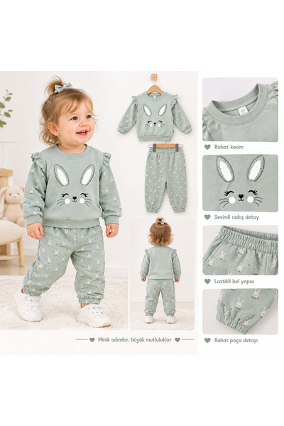 KIZ BEBEK TAVŞAN BASKILI ÇİÇEK DESENLİ 2'Lİ TAKIM