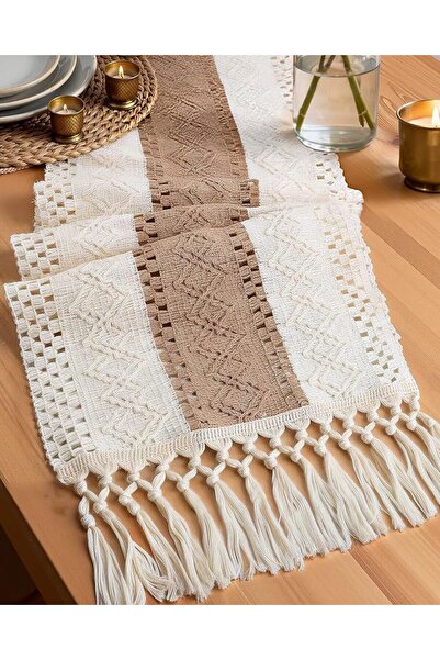 GENERAL Tzoyiq Boho Tablecloth, Brown Woven Fringe Design, 30X120, for Dining...