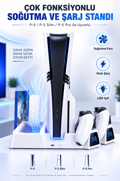 XİRA PS5 PS5 Slim PS5 Pro Uyumlu Çok Fonksiyonlu Soğutma ve Şarj Standı Çift ...