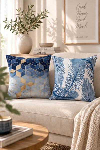 Bumedo Set of 2 Decorative Throw Pillow Covers 43X43 cm Digital Printed Blue ...