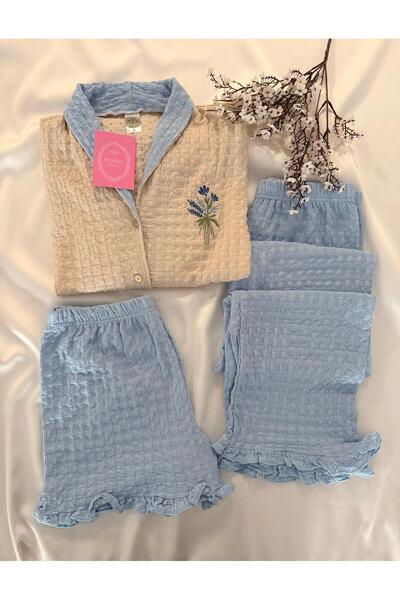 MH Moony Homewears 3 قطع من الملابس الداخلية الزرقاء فائقة الفخامة ذات الأكما...