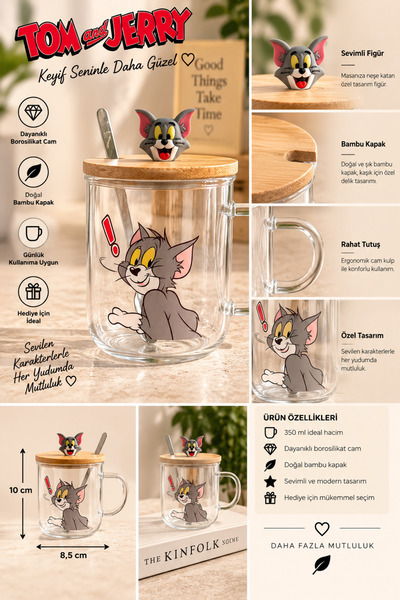 THIRTEEN SELECT Sevimli Kedi Fare Figürlü 350 ML Cam Kupa – Bambu Kapaklı