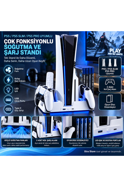 XİRA PS5 PS5 Slim PS5 Pro Uyumlu Çok Fonksiyonlu Soğutma ve Şarj Standı Çift Kol Şarjlı LED USB Type-C