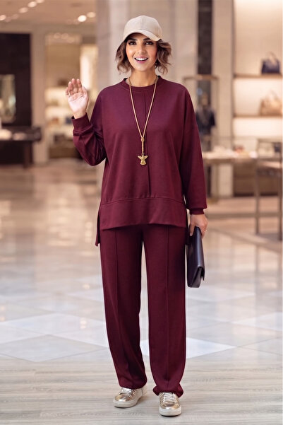 Nevin Kaya Moda Burgundy Modal Fabric Striped Pants Blouse Set