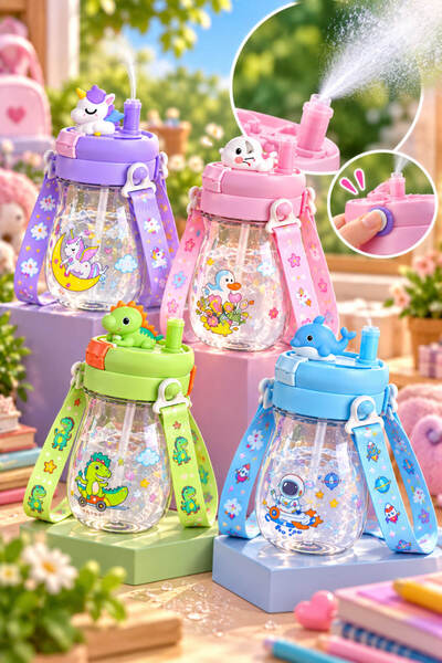 House Bird 600 ML Çocuk Püskürtmeli Matara Pipetli Askılı Sızdırmaz Kapaklı O...