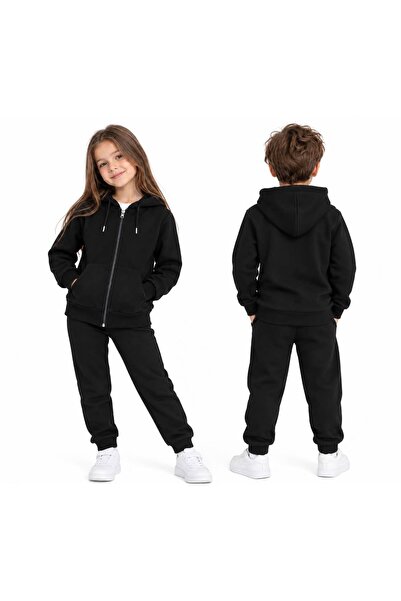 BY WORRN Kız-Erkek Çocuk Siyah Kapüşonlu Fermuarlı Basic Trend hırka W0129