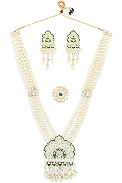 ZAVERI PEARLS Green Meenakari Long Multi Strand Bridal Necklace Earring & Rin...