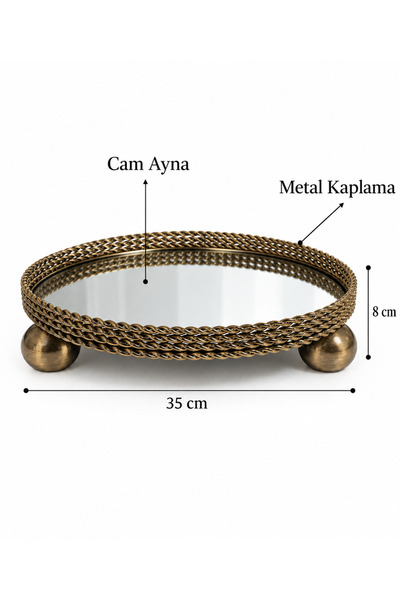 EvLight Hasır İşlemeli Aynalı Metal Eskitme Söz Nişan Sunum Tepsisi