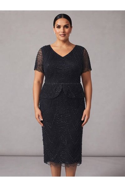 Peplum Bel Boncuklu Kadın Abiye Elbise, Midi Boy Büyük Beden Kadın Abiye Elbise