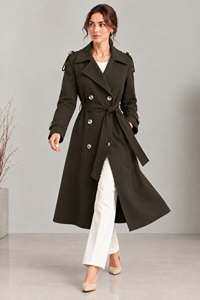 SheLoria Women’s Brown Double-Breasted Belted Long Trench Coat