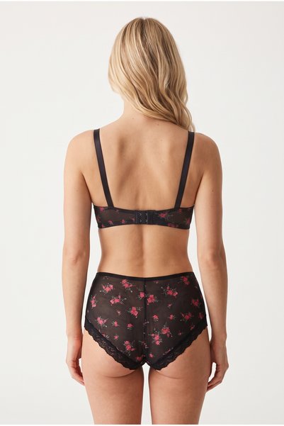 NurPeri İç Giyim Women's Padded Supported Floral Patterned Black Dusty Rose Boxer Type Underwear Set