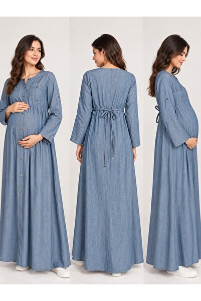 Desen Hamile Giyim Mavi Uzun Kollu Düğmeli Büzgülü Tensel Denim Hamile Elbise
