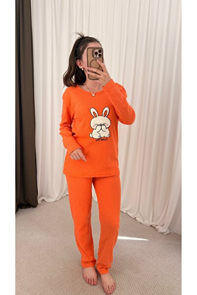 Hepsi Moda Bisiklet Yaka Peluş Tavşan Nakışlı Pijama Takımı - Turuncu