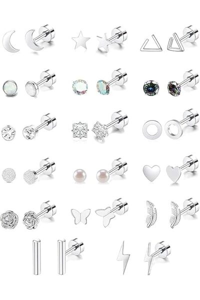 OriTi 17 Pairs Tiny Stud Earrings Set for Women Stainless Steel Star Moon Tri...