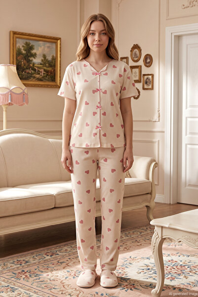 REMSA Women's Heart Pattern Short Sleeve Berlin Pajama Set 008 Ecru