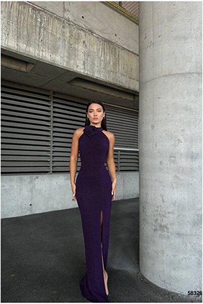 Şeker Portakalım Bicycle Slit Fish Tail Evening Dress with Collar Cutout