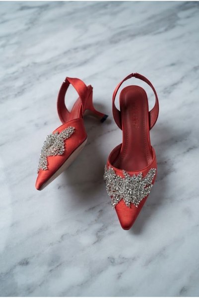 ShoeTek Mirva Women's Heeled Shoes Thin Heel Front Stone Red Satin