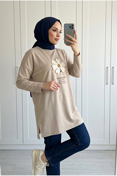 Kirazca Butik تونيك نسائي طويل فضفاض مزين بتطريز زهرة الأقحوان وطباعة نصية
