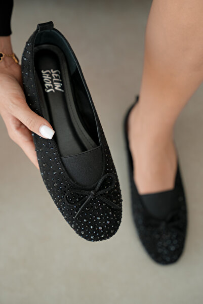selin shoes Ziva Suede Stone Detailed Bow Accessory Women's Ballerinas - Blac...