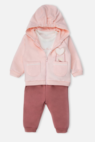 Bebetto Two-Stranded Hooded Cardigan 3-Piece Set (the Clouds) Pink