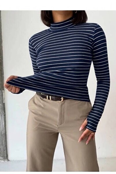 Olbia Women's Navy Blue Striped Half Fisherman Finger Detail Blouse