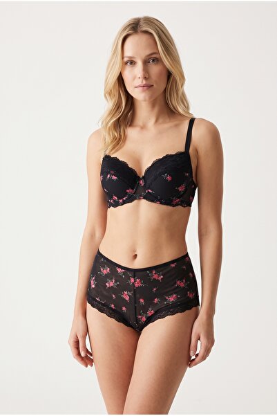 NurPeri İç Giyim Women's Padded Supported Floral Patterned Black Dusty Rose B...