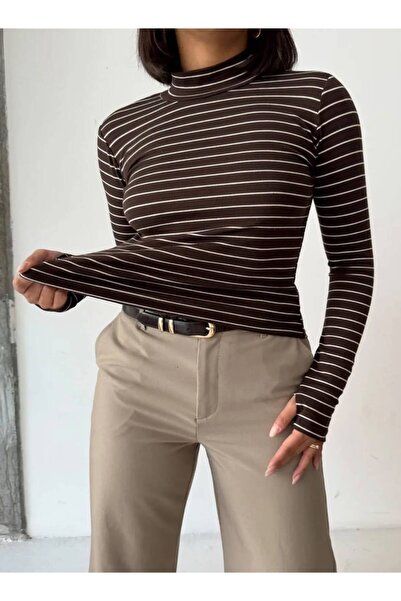 Olbia Women's Brown Striped Half Fisherman Finger Detail Blouse