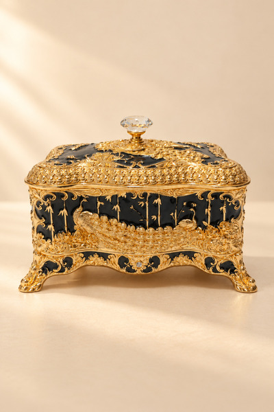 RASHA COLLECTION Black Gold Peacock Embroidered Decorative Jewelry Box