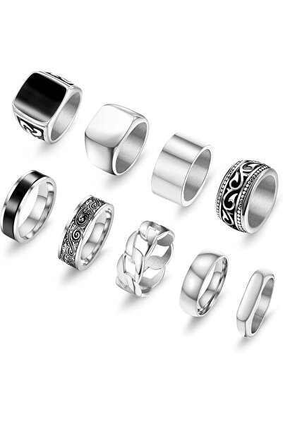 KASTWAVE 9 Pcs Men's Stainless Steel Vintage Signet Ring Set, Including Pinky...