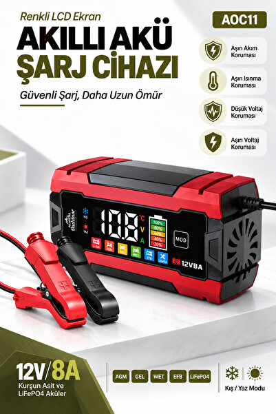 auhma AOC11 12V 8A Akıllı Akü Şarj ve Onarım Cihazı – Renkli LCD Ekran, Pulse...