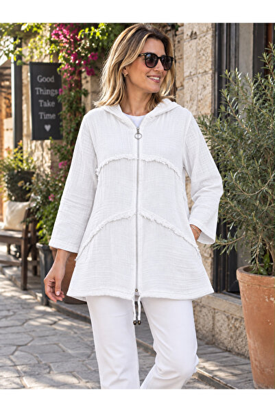 AGORATEKSTİL Women's Ankle-Length Muslin Fabric Tassel Detailed Zippered Hood...